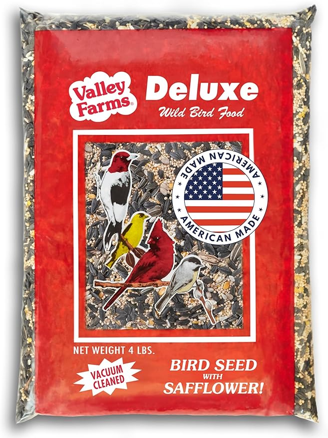 Valley Farms Deluxe Blend (4 LB) Wild Bird Food for Outside Feeders with Black Oil Sunflower Seed, Safflower Seed for Birds - Select Birdseed