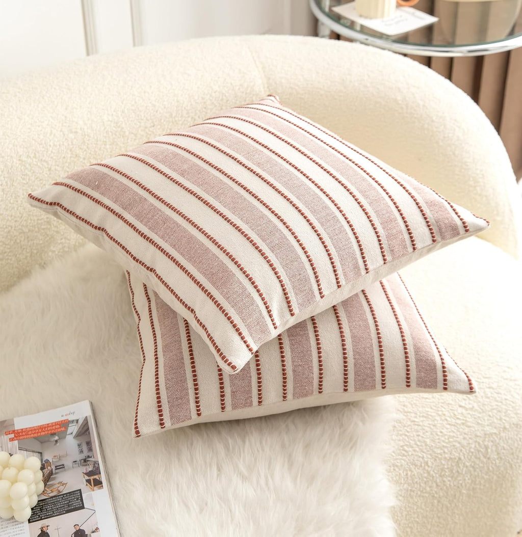 Decorative Boho Throw Pillow Covers, Farmhouse Textured Pillow Case, 20 x 20 Inch Set of 2, Chair Sofa Bedroom Living Room Home Decor Couch Cushion Case, Rust and Beige Striped