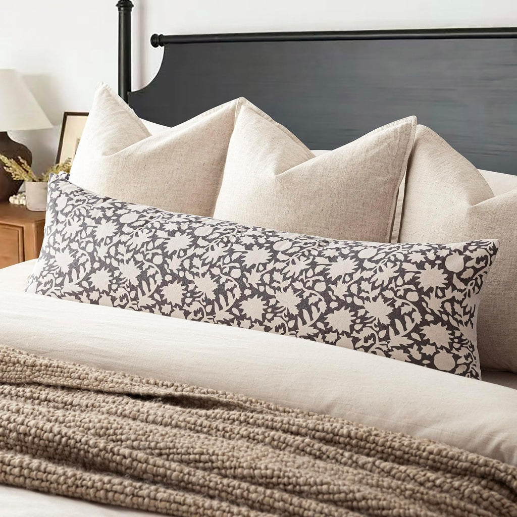 Foindtower Set of 2 Decorative Long Body Lumbar Throw Pillow Covers Accent Farmhouse Cushion Covers Boho Floral Pillowcase for Couch Sofa Bedroom Living Room Home Decor,14×36 Inch,Rustic Gray