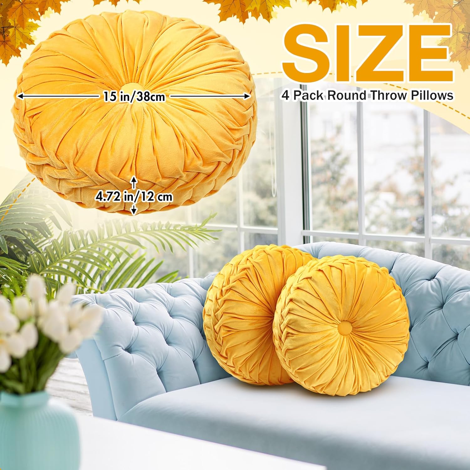 2 Pcs Round Throw Pillows 15 Inch Decorative Velvet Pleated Pumpkin Floor Boho Pillows for Living Room Couch Chair Bed Sofa (Yellow)