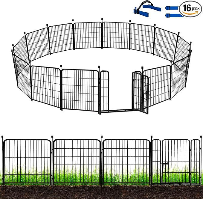 ADAVIN Garden Fence 32 in(H) x 35.4 ft(L) 16 Panels for Camping, Black Heavy Duty Iron Metal Animal Barrier Fence, Rabbit Fence for Yard, Indoor Dog Playpen, Temporary Flower Bed Fencing Border,Black