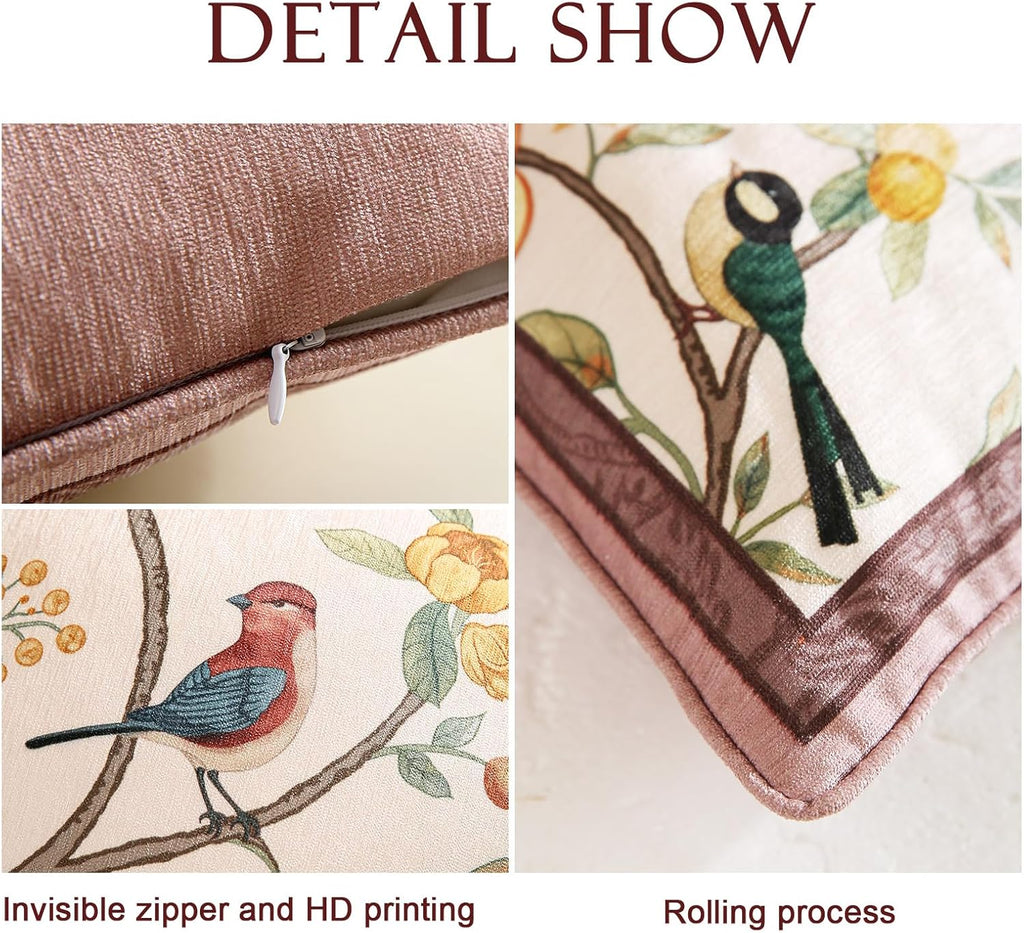 Square Pink Farmhouse Throw Pillow Covers, Birds and Flowers Pattern Cozy Velvet Pillowcases,Decoration Pillows Cushion Covers for Couch Sofa Bed Car Chair,18"x18"