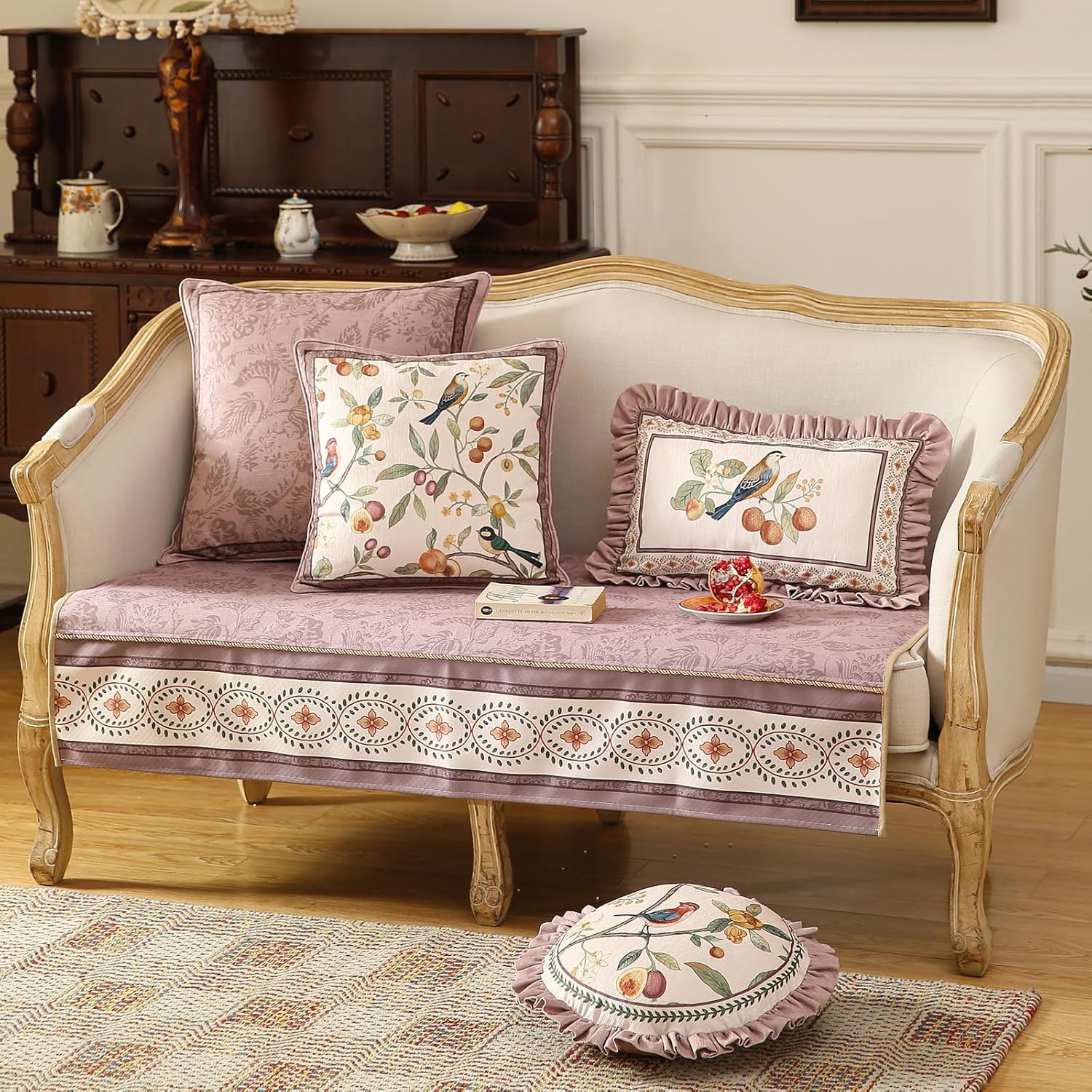 Pink Rectangle Farmhouse Throw Pillow Covers,Birds and Flowers Pattern Cozy Velvet Pillowcases,Decoration Lumbar Pillows Cushion Covers for Couch Sofa Bed Car Chair,12"x20"