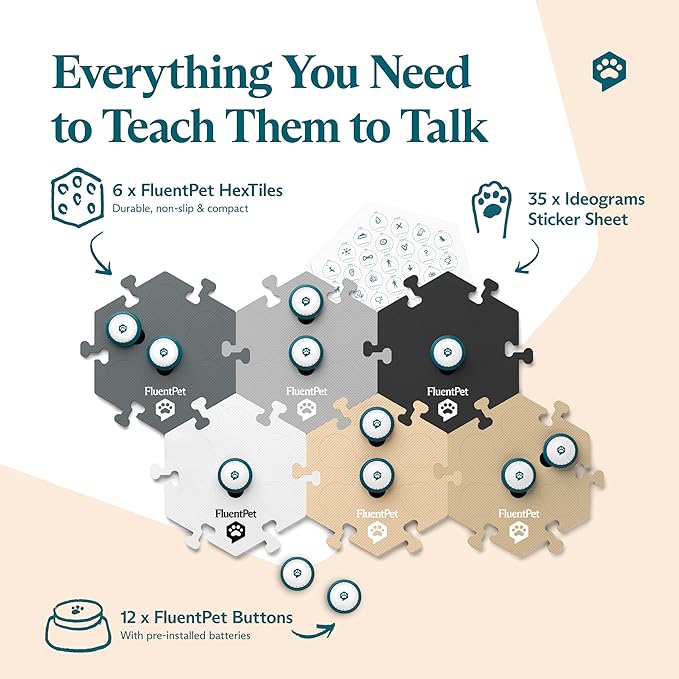 FluentPet Speak Up Key Vocab Kit with Clearer Upward-Facing Sound - 12 Recordable Buttons for Dogs & 6 Neutral HexTiles | Dog & Cat Communication Buttons Set | with Batteries