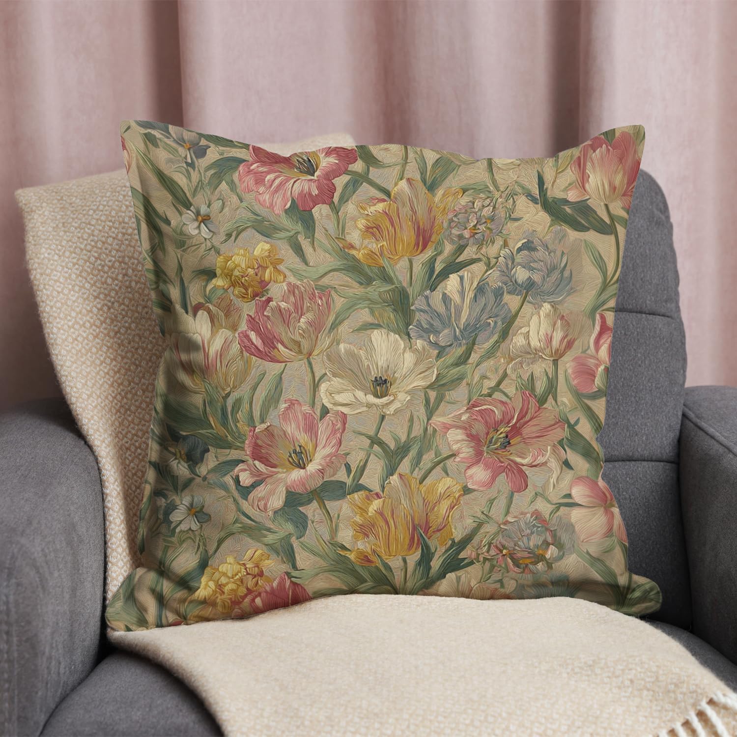 Bohemian Pillow Covers | Vintage Floral & Carpet Design | Double Sided Blue White Decorative Pillowcases for Couch, Bed | Indoor Outdoor Boho Home Decor (White&Pink, 18x18inches)