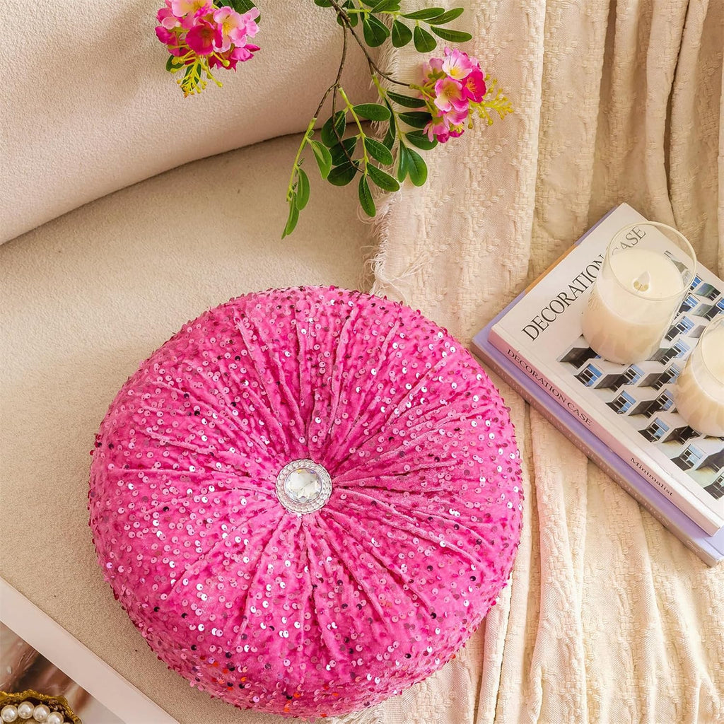 Round Throw Pillow, 13.7" Soft Glitter Sequin Pleated Pumpkin Decorative Round Pillow Circle Floor Pillow Cushions for Sofa Bed Chair Living Room Floor Home Decoration, Rose Red