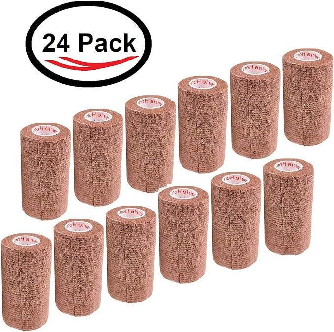 4 Inch Vet Wrap Tape Bulk (Brown) (Pack of 24) Self Adhesive Adherent Adhering Flex Bandage Grip Roll for Dog Cat Pet Horse