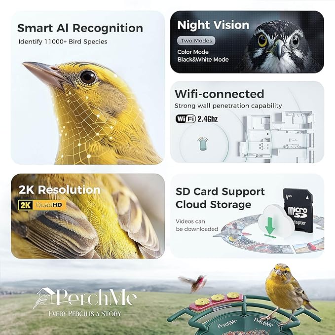 PerchMe® Bird Feeder with Camera Solar Powered,2K Smart Bird House Camera for Outdoors with AI Identify,Auto Capture,Motion Detection, A Ideal Gift(Seed Scoop Included)