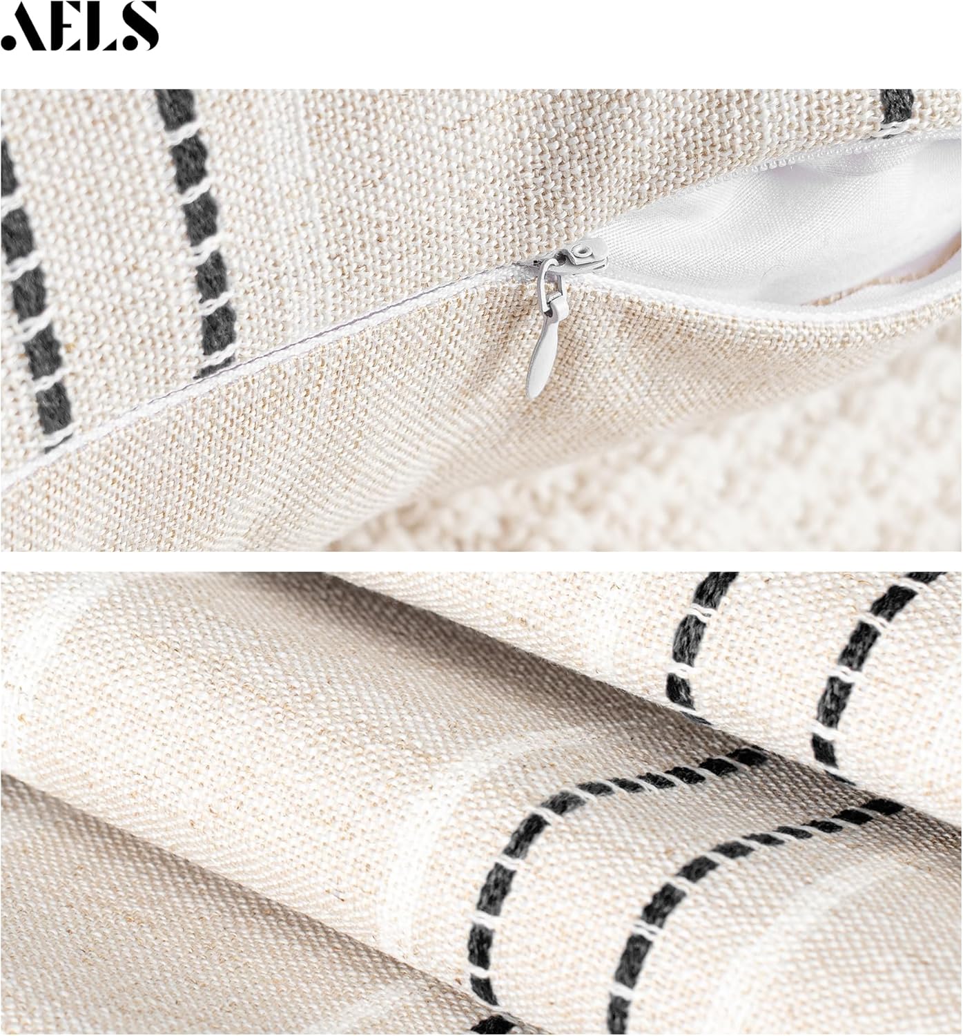 AELS 20x20 Decorative Farmhouse Linen Throw Pillow Covers, Boho Textured Pillow Case, Set of 2, Beige with White & Black Stripe Patchwork Cushion Cover for Sofa Couch Living Room (Cover ONLY)