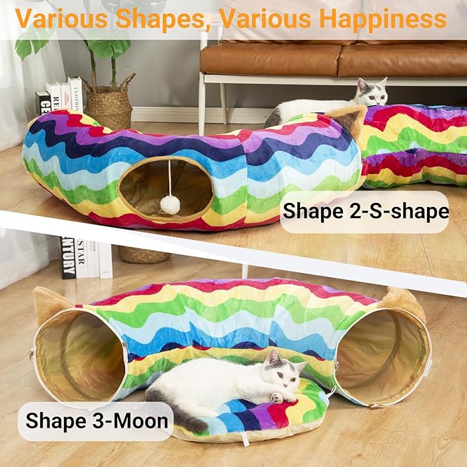 LUCKITTY Large Cat Tunnel Bed Under Christmas Tree with Fluffy Toy Balls, Small Cushion and Flexible Design- 10 inch Diameter, 3 ft Length- Great for Cats, and Small Dogs, Rainbow Wave Color