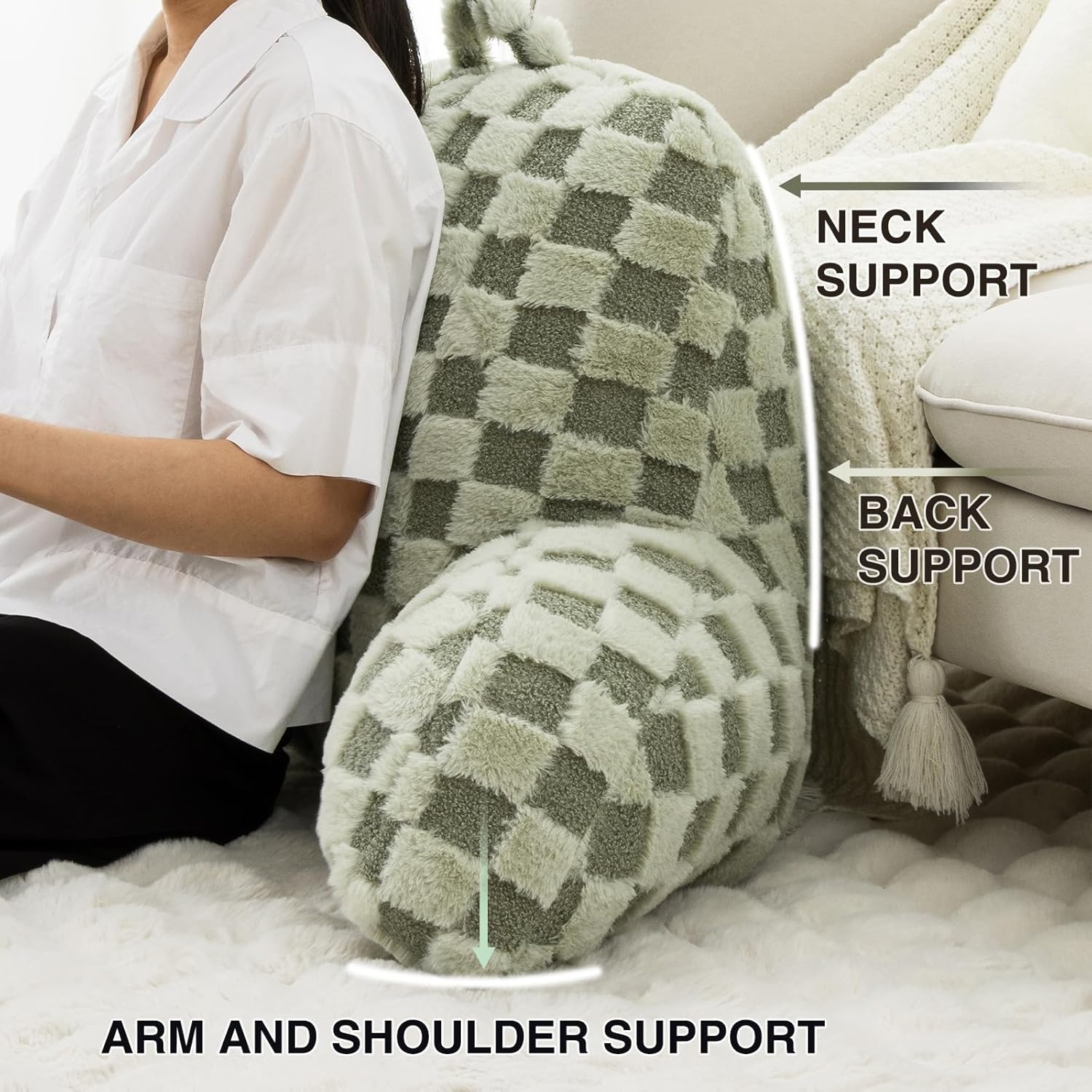 A Nice Night Faux Fur Reading Pillow,Checkered Fluffy Grid Plaid,Bed Wedge Pillow Large Adult Children Backrest with Arms for Bedrest,Green