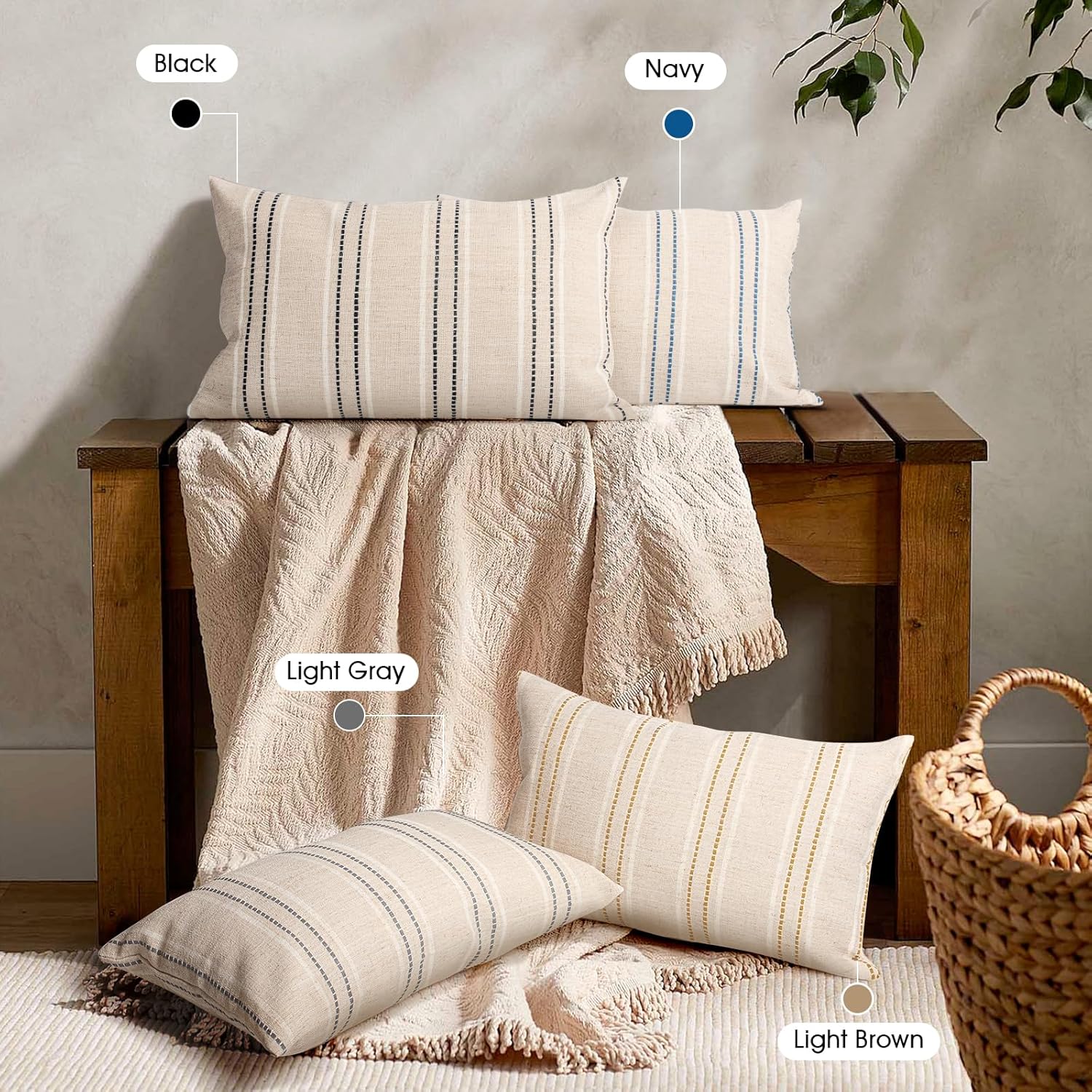 AELS 12x20 Decorative Farmhouse Linen Throw Pillow Covers, Boho Textured Pillow Case, Set of 2, Beige with White & Gray Stripes Cushion Cover for Sofa Couch Living Room (Cover ONLY)