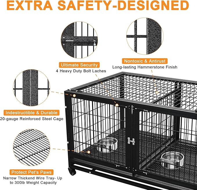 48/43 inch Heavy Duty Dog Crate with Divider for Large Dogs, Stackable Dog Kennels and Metal Wire Cages with Feeding Bowls, Leak-Proof Pans, Removable Wire Trays, Extra Large XL XXL