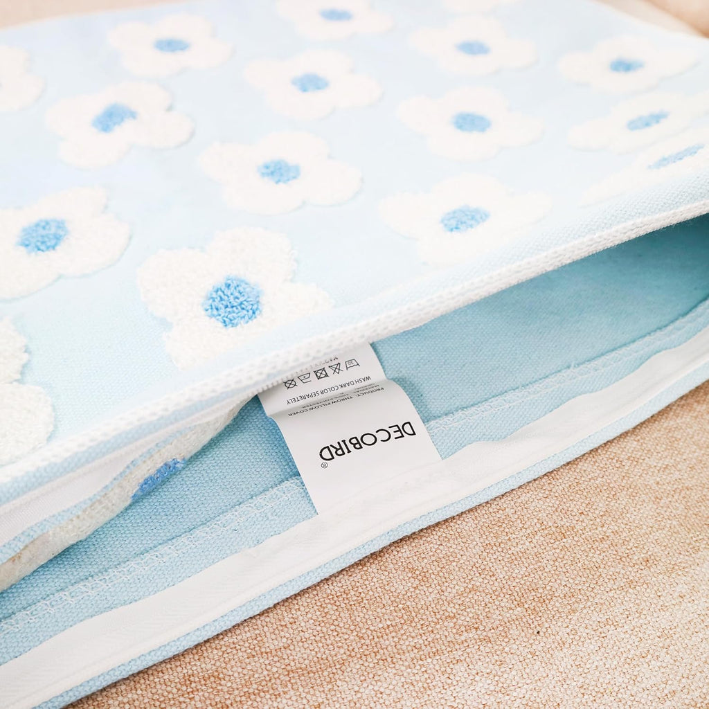 DECOBIRD Embroidery Throw Pillow Cover 12x20 Light Blue Floral Design Home Decor Loop Embroidered Pillow Case Thick Cotton Canvas Square Cushion Cover for Couch 30x50cm, 4 Petal Flowers 1 Piece