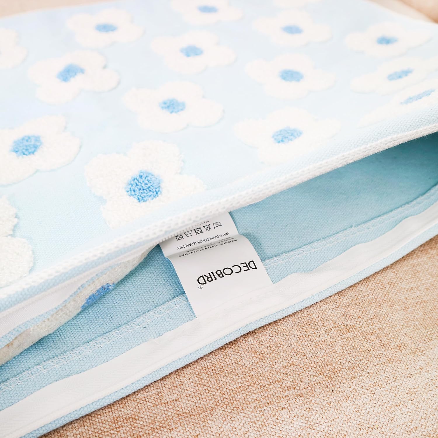 DECOBIRD Embroidery Throw Pillow Cover 12x20 Light Blue Floral Design Home Decor Loop Embroidered Pillow Case Thick Cotton Canvas Square Cushion Cover for Couch 30x50cm, 4 Petal Flowers 1 Piece