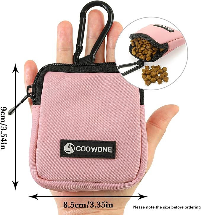 COOWONE Dog Treat Pouch Pocket Sized Pet Puppy Training Pouch for Dog Training Behavior Aids, Waterproof Nylon Fabric Dog Poop Bag Holder, Hands Free Dog Walking Bag with Metal Carabiner (Pink)