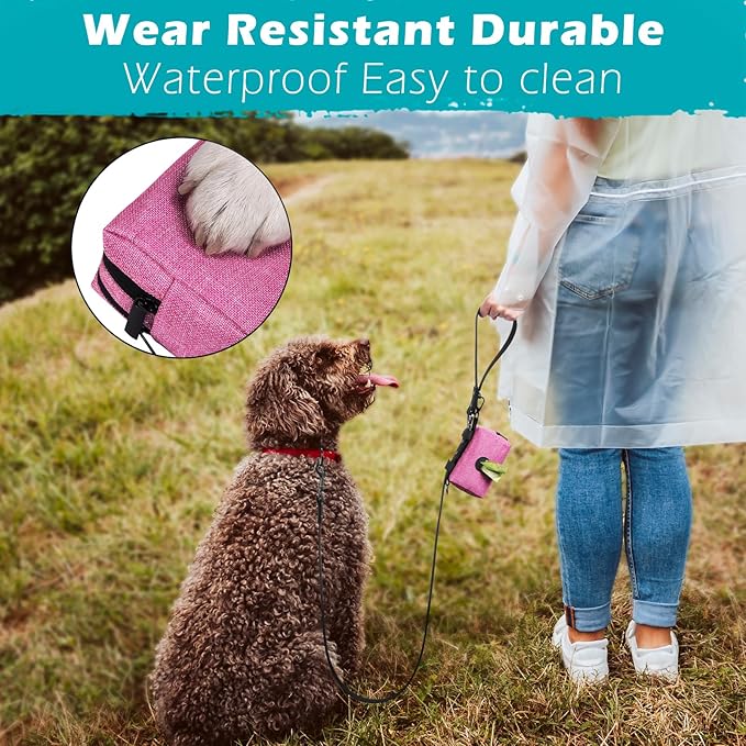 PetBonus Dog Poop Bag Holder, Portable Pet Waste Bag Dispenser, 2 Pouches for Treats and Walking Accessories, Fit All Leashes, Includes 1 Roll of Dog Poop Bags (Pink)