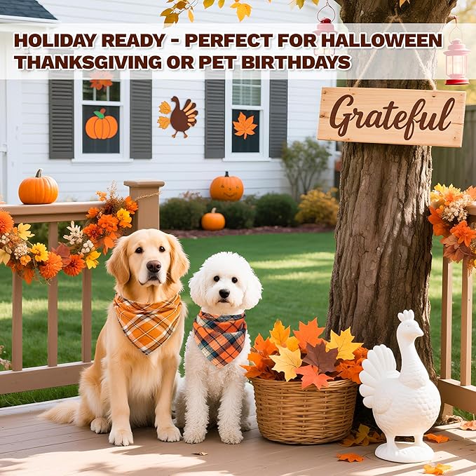 Fall Dog Bandana,2-Pack Thanksgiving Dog Bandanas, Plaid Fall Pet Scarves for Large Medium Small Dogs, Adjustable Vintage Holiday Neckwear,Reversible Bibs Breed for Boy and Girl(Large)