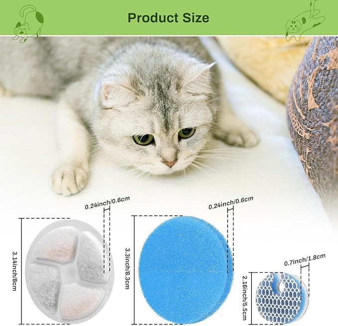 5 Pack Cat Fountain Filter Replacement for Round 2.2L/73oz Automatic Pet Water Fountain, Stainless Steel Cat Water Fountain Filters, Triple Filtration System, Activated Carbon Filters