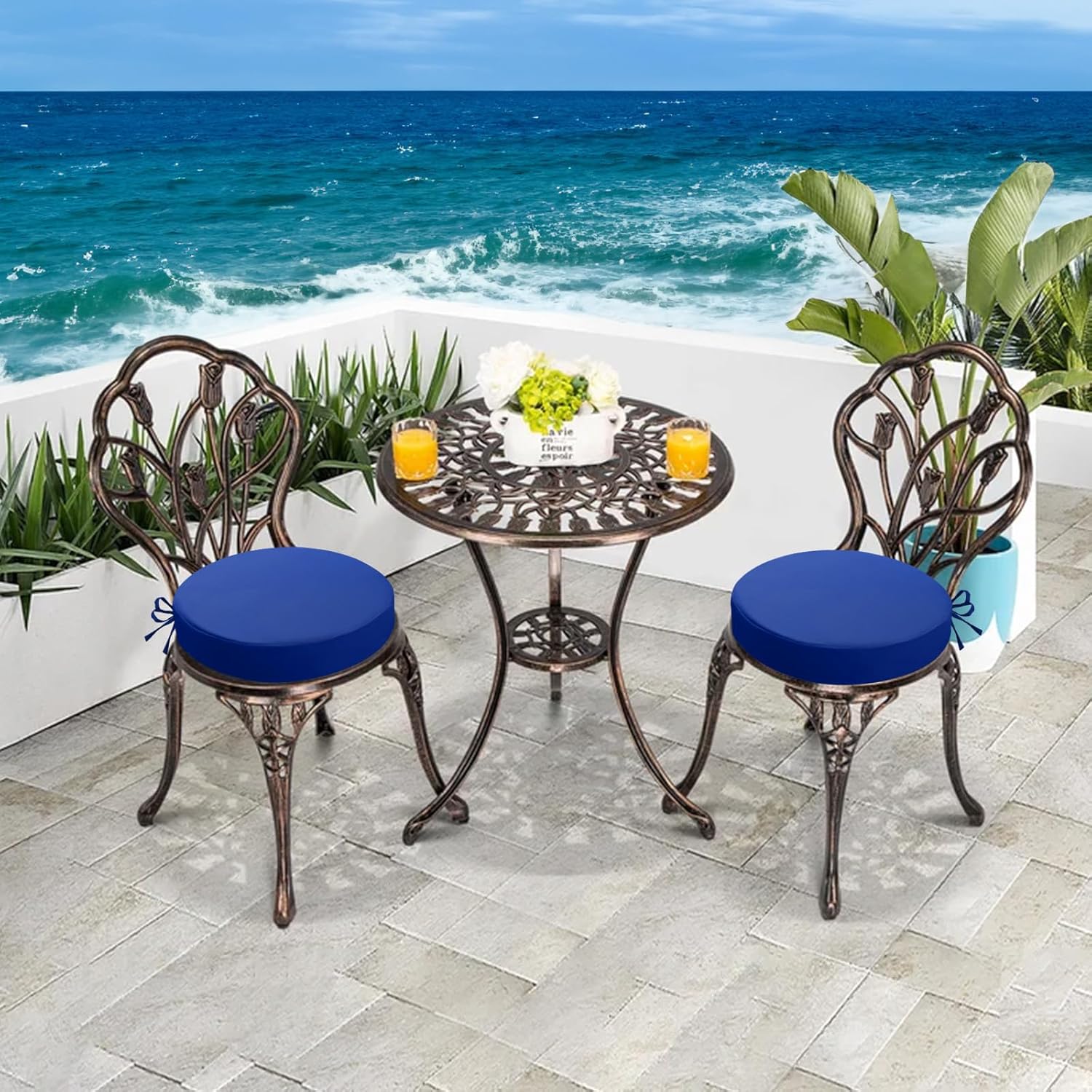 idee-home Outdoor Bistro Chair Cushions, 15”x15”x 3” Thick Outdoor Round Seat Cushions Set of 4 with Ties, Waterproof Round Patio Furniture for Garden