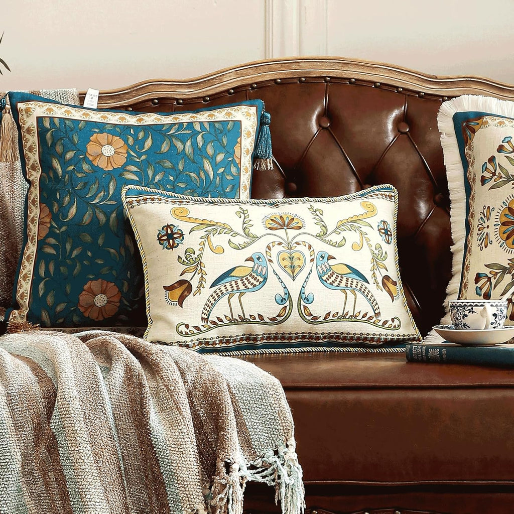 patdrea Designer Rectangle Throw Pillow Covers Set of 2,Farmhouse Blue Linen with Birds Floral Pattern Pillow Cover,Decorative Lumbar Pillowcases Cushion for Bed Living Room Outdoor Car,12"x20"