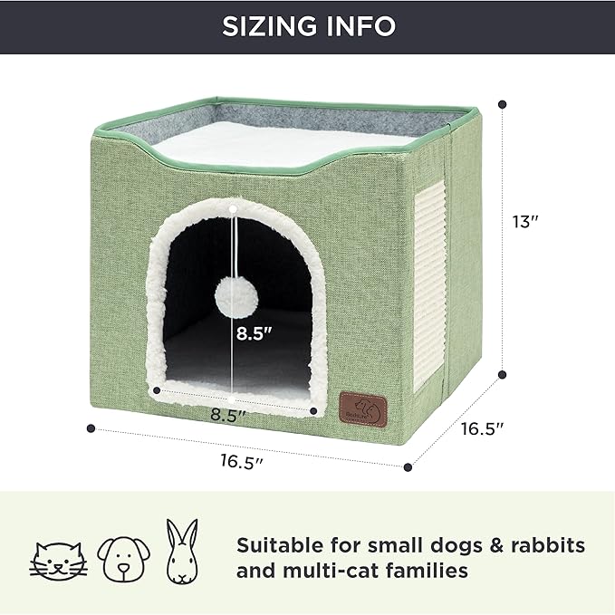 Bedsure Cat Beds for Indoor Cats - Large Cat Cave for Pet Cat House with Fluffy Ball Hanging and Scratch Pad, Foldable Cat Hideaway, 16.5x16.5x13 inches, Green