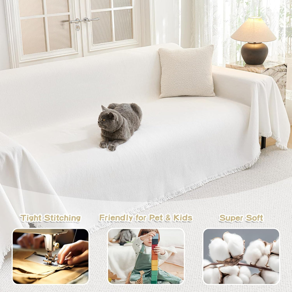 MYSKY HOME Sofa Covers for 2 Cushion Couch L Shaped Couch Cover Washable Couch Cover with Tassels Boho Couch Cover Non Slip Super Universal Soft Sofa Slipcover for Kids, Dogs, Pets, 71"x118", White