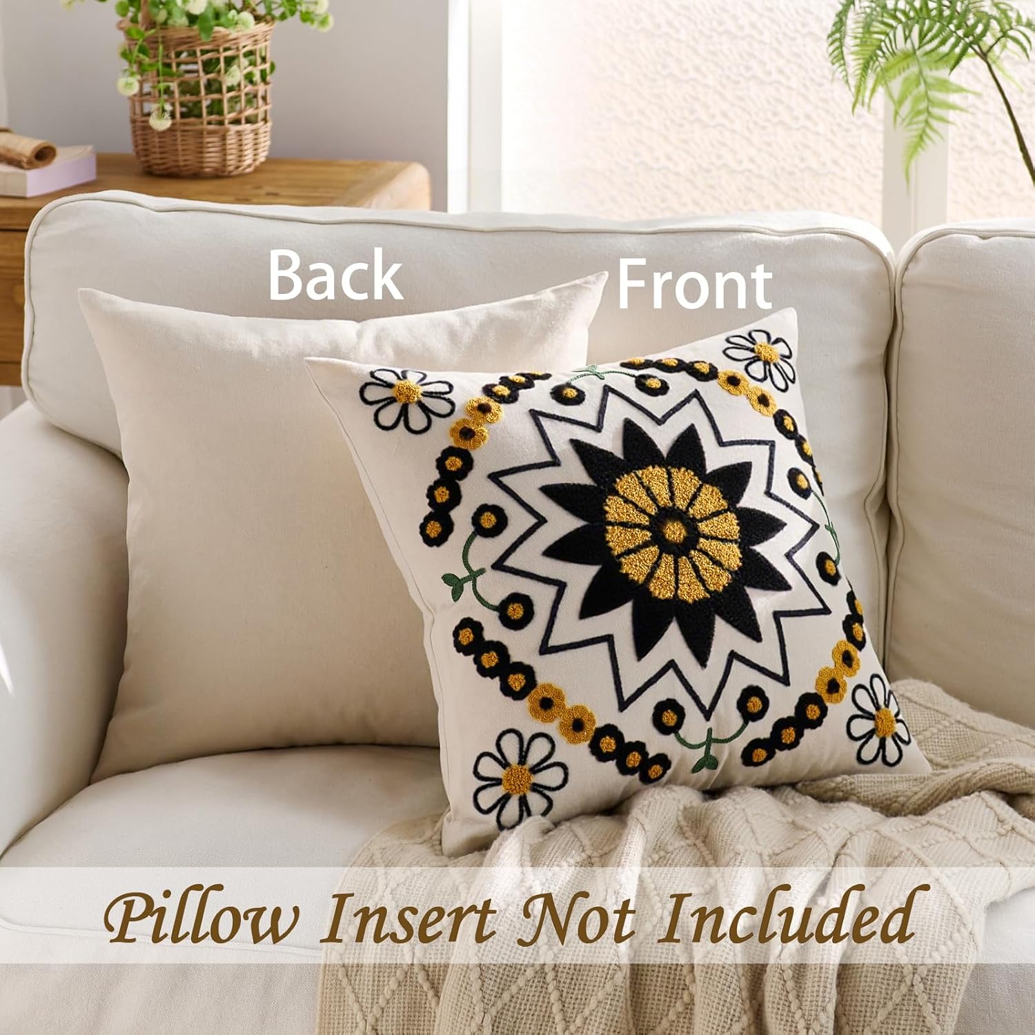 Embroidered Throw Pillow Cover 18x18 Classic Boho Floral Pattern Pillows Cover Outdoor Decorative Pillowcase,Durable Cozy Textured Cushion Case for Sofa Couch Bed Living Room,Black Orange