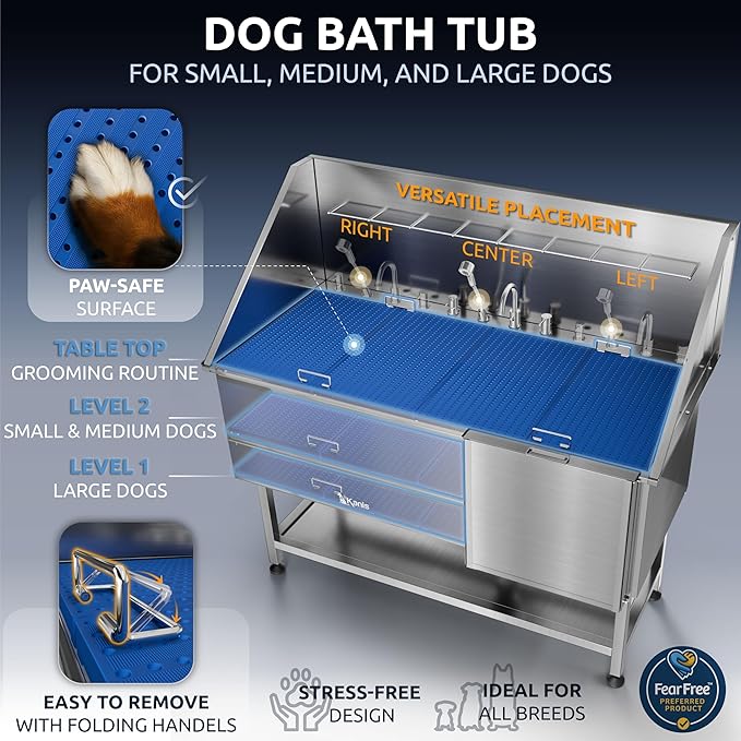 KANIS Professional Dog Washing Station - 304 Stainless Steel Pet Wash Sink & Grooming Bathtub w/Shower, Floor Grates and Storage for Large, Medium & Small Pets (61", Shelf - Right Ramp)