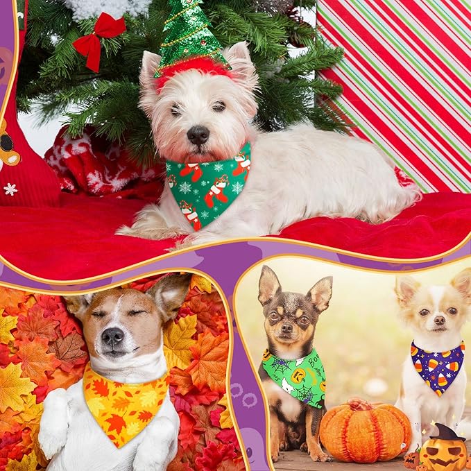 Preboun 200 Pcs Holiday Dog Bandanas Bulk Fall Halloween Christmas Bandanas for Dogs Triangle Kerchief Bib Scarf Set for Pet Party Costume Photo Props Accessories Pet Shops Groomers, 25 Styles