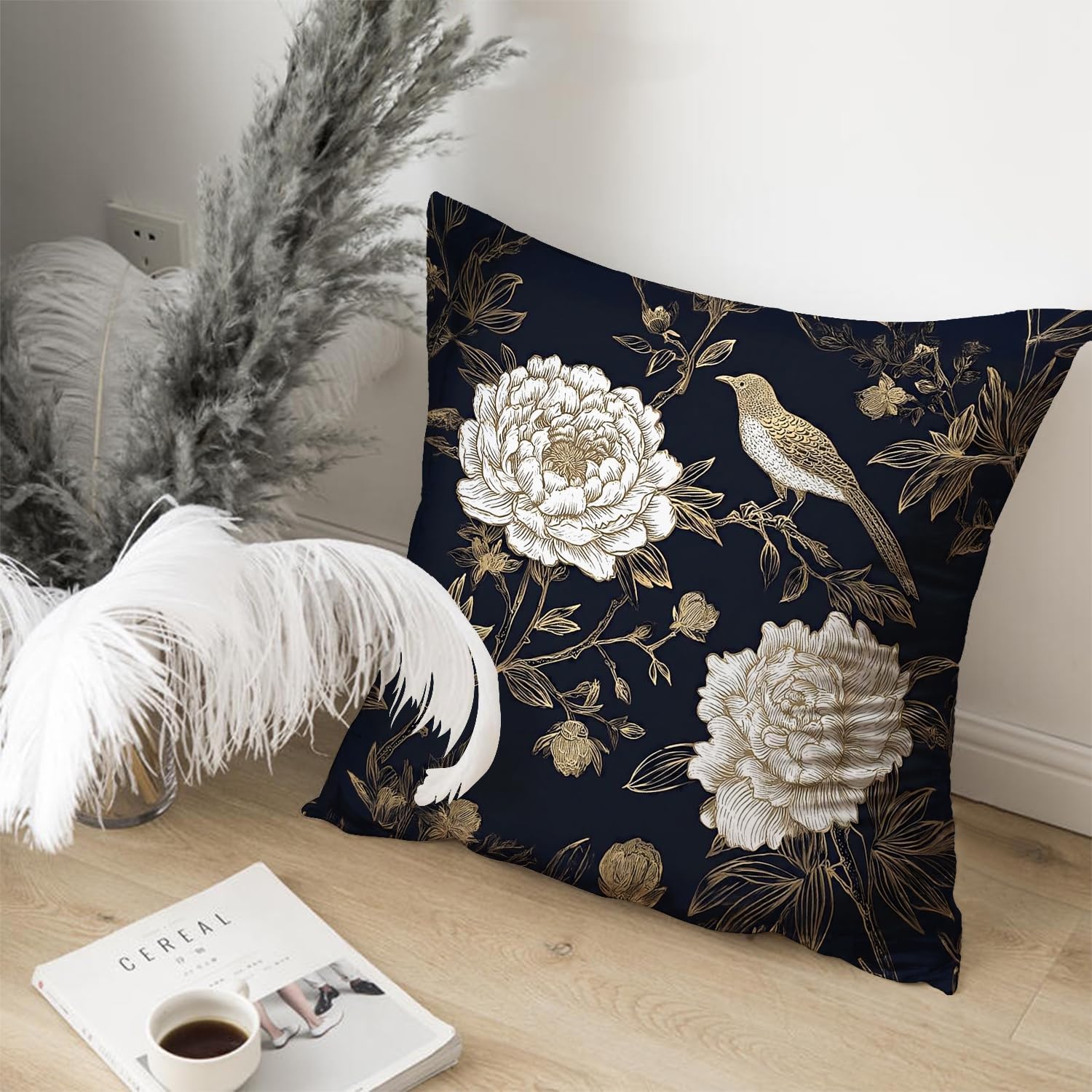 Vintage Floral Throw Pillow Covers, Vintage Flower Pattern Double Sided Cushion Cover, Indoor and Outdoor Home Art Decor Pillowcase for Sofa or Bedroom Decor 18x18inches (Flower&Bird, 18x18inches)