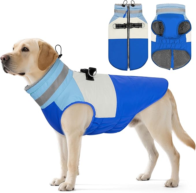 Dog Coats for Large Dogs, Reflective Dog Winter Coat Waterproof Windproof Clothes, Warm Cold Weather Dogs Jacket with Harness Built in Turtleneck Snowsuit, Blue XXX-Large