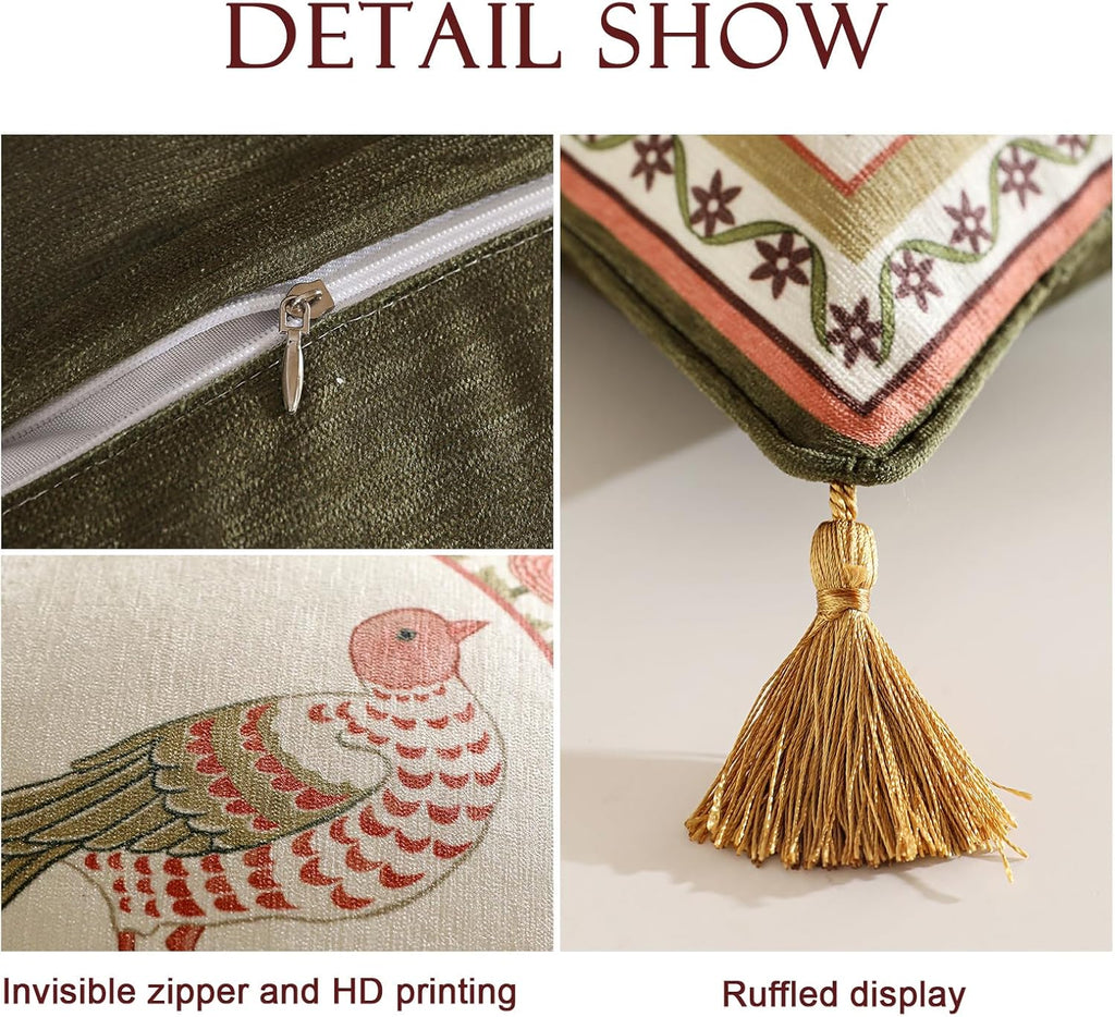 Rectangle Throw Pillow Covers,Brown Cozy Velvet Farmhouse with Birds and Floral Pattern Pillowcases,Decor Long Lumbar Pillows Cushion Covers for Couch Sofa Bed Car Chair,12"x28"