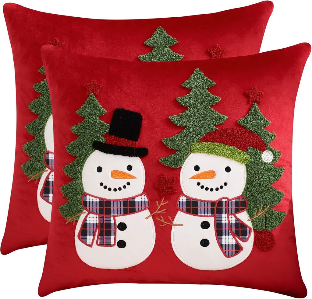 LUOYEHK Red Christmas Pillow Covers 18x18 Set of 2 Cute Snowmen Embroidered Pillow Cases Winter Holiday Velvet Cushion Covers for Couch Sofa Bed