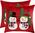 LUOYEHK Red Christmas Pillow Covers 18x18 Set of 2 Cute Snowmen Embroidered Pillow Cases Winter Holiday Velvet Cushion Covers for Couch Sofa Bed