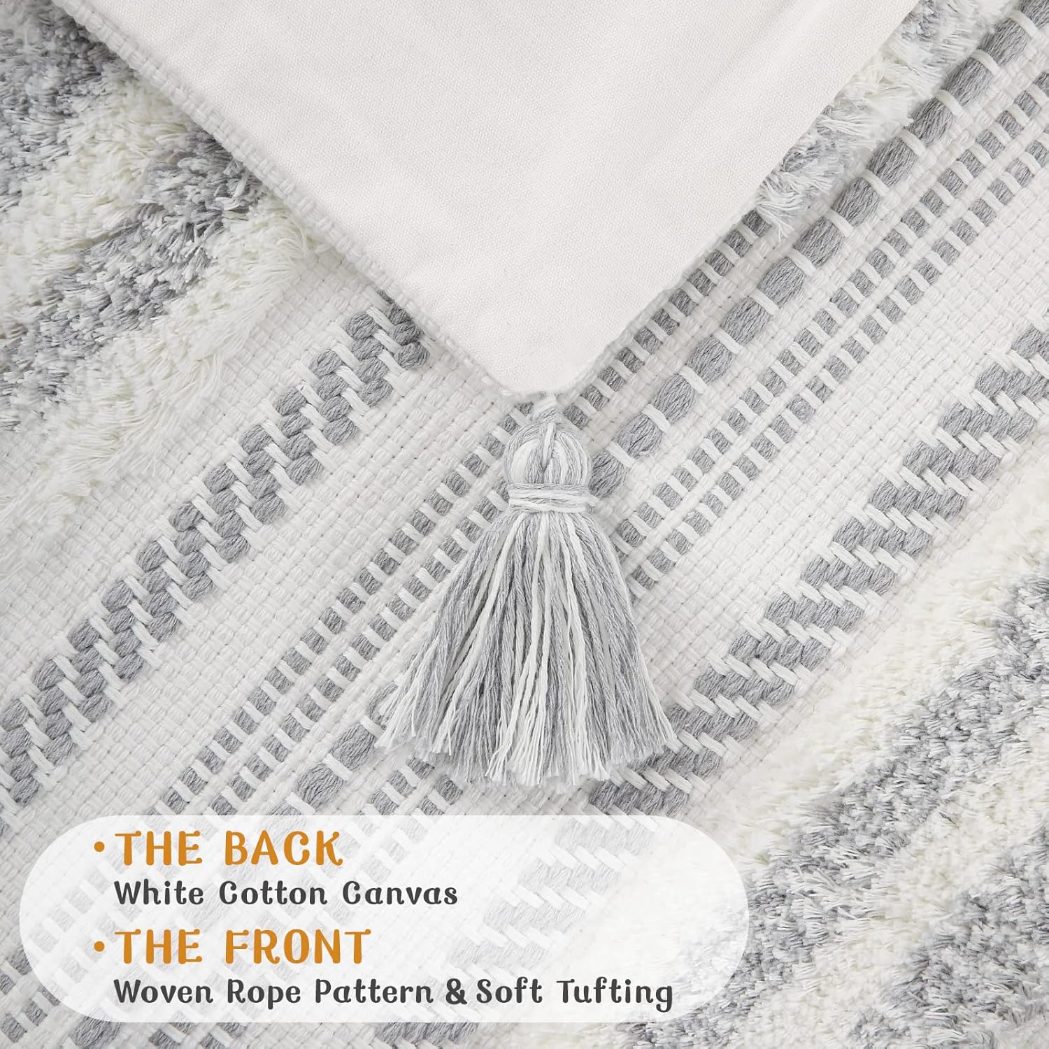 decorUhome Decorative Boho Throw Pillow Covers 18x18 Set of 2, Accent Neutral Textured Tufted Pillow Covers Striped for Couch Bed Sofa Living Room, Grey and Cream White