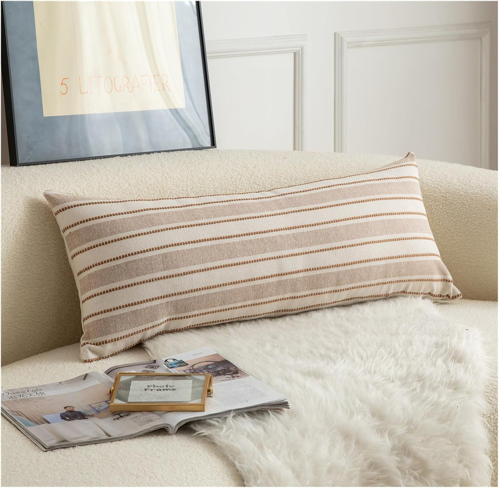 Decorative Boho Lumbar Pillow Covers, Modern Farmhouse Couch Pillowcase, 14 x 36 Long Accent Body Throw Pillow Covers, Sofa Bed Living Room Decor Cushion Case, Brown and Beige, Pack of 1