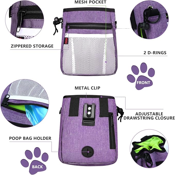 Dog Treat Pouch - 3 Ways to Wear Treat Pouches for Pet Training and 2 Pieces Clicker Taining for Dogs, Dog Training Treat Pouch Bag and Dog Clicker for Training with Waist Belt Shoulder Strap - Purple
