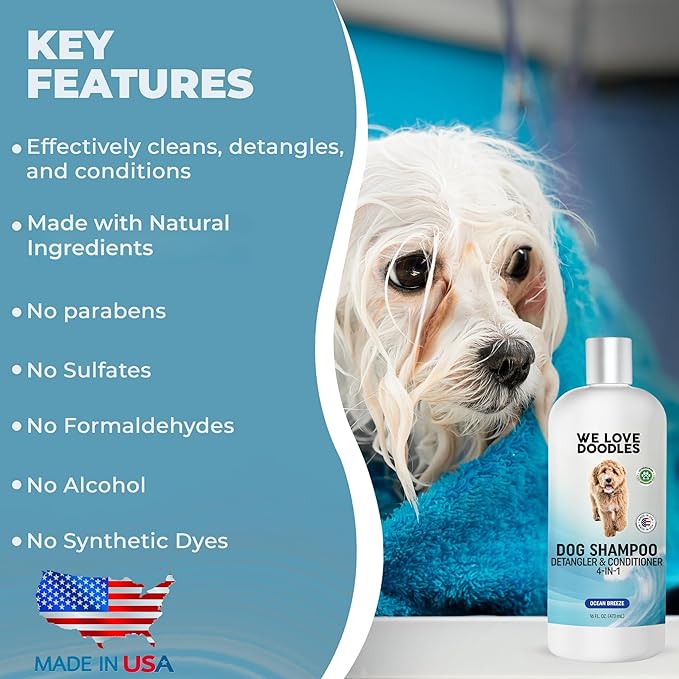 Dog Shampoo, Conditioner & Detangler - Best Shampoo for Goldendoodles, Poodles & Doodles - for Matted Pet Hair - Sensitive Skin Shampoo for Puppies - Made in The USA, 16OZ (Ocean Breeze)