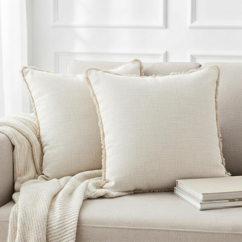 16×16 Cream White Decorative Fringe Cotton Throw Pillow Covers Boho Farmhouse Cushion Covers with Tassels Linen Like Textured Accent Pillowcases for Bed Couch Chair Sofa Living Room Set of 2