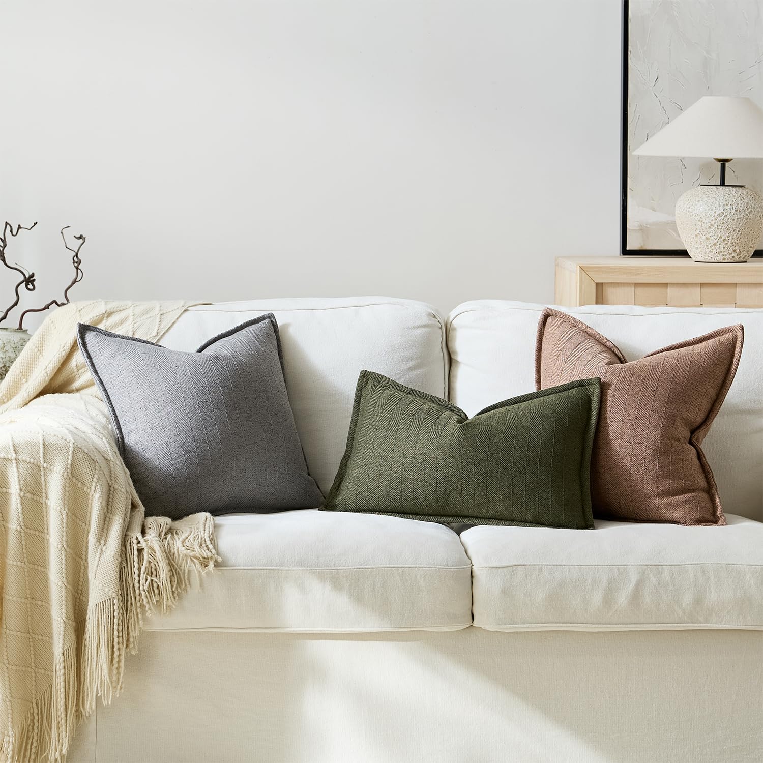 24x24 Linen Pillow Covers Grey Pack of 2 Farmhouse Boho Neutral Accents Striped Textured Square Decorative Throw Pillow Cases for Living Room Couch Bed Home Decor