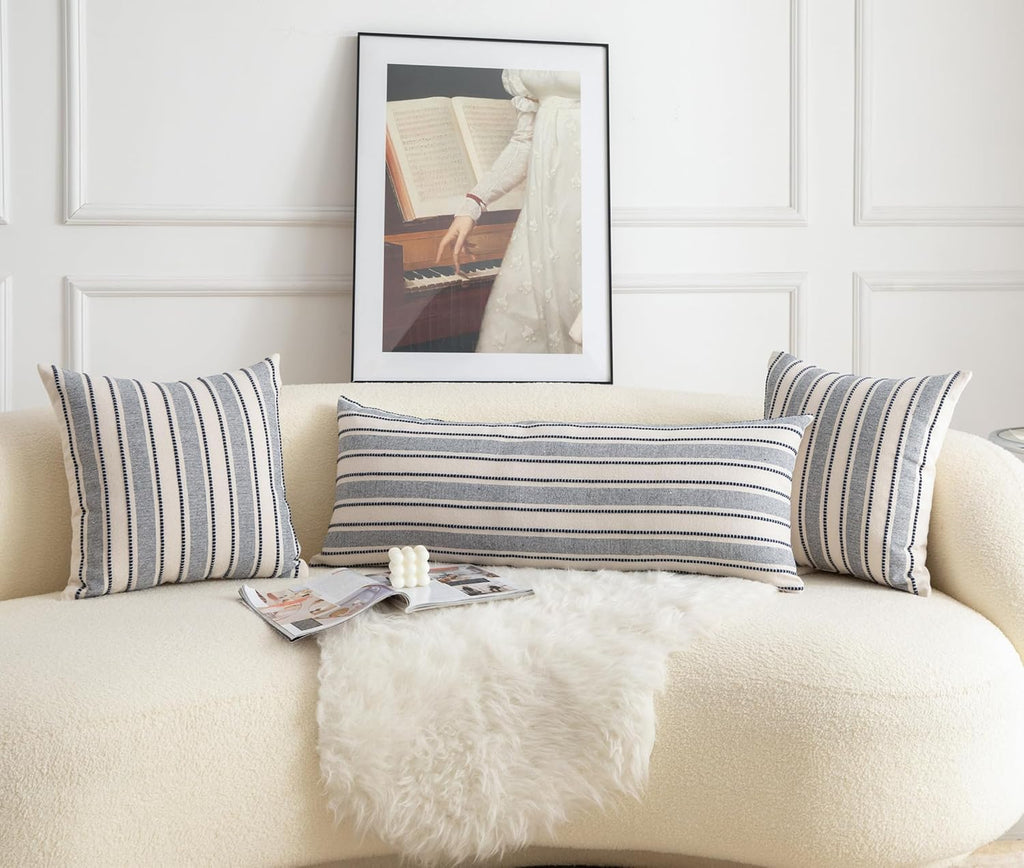 Decorative Boho Lumbar Pillow Covers, Modern Farmhouse Couch Pillowcase, 14 x 36 Long Accent Body Throw Pillow Covers, Sofa Bed Living Room Decor Cushion Case, Navy Blue and Beige, Pack of 1