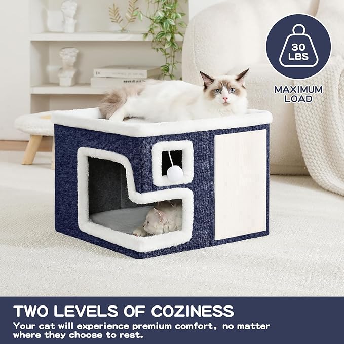 Cat Houses for Indoor Cats, Covered Cat Cave Bed with Scratch Pad and Fluffy Ball, Foldable Cat Hideaway Condo for Large Cats, Modern Kitten Bed,16.5x16.5x13 inches (Blue, Large)