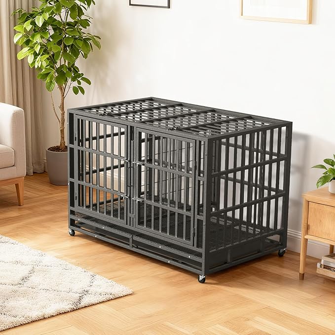 48 Inch Heavy Duty Indestructible Double Dog Crate Steel Escape Proof,Indoor Three Doors Cage,Kennel with Wheels,Removable Tray and Baffle