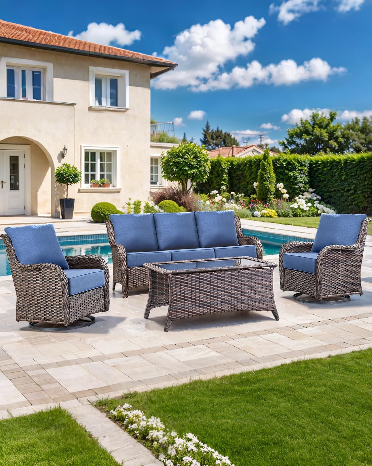 Luxury 22x24/22x25 6-Inch Outdoor Seat Cushions - Set of 2 Water Resistant Patio Chair Comfortable Cushion for Porch Rattan Dining Rocker Glider Loveseat Couch Sectional Sofa - Navy Blue