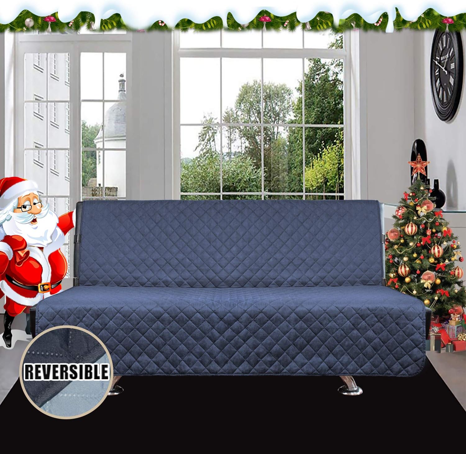 Easy-Going Futon Sofa Slipcover - Reversible Armless Couch Cover - Water Resistant for Pets & Kids (Dark Blue/Light Blue)