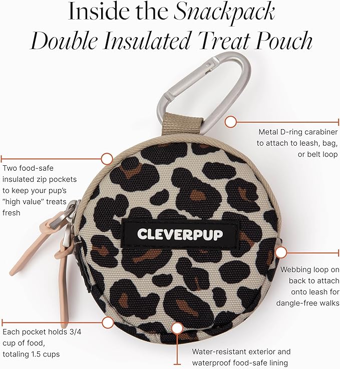 Snackpack Double Insulated Dog Treat Pouch - Holds 1.5 Cups - Dog Training and Walks Snack Bag, Two Pockets for Dry or Wet Treats, Attaches to Leash, Belt, or Bag - Leopard