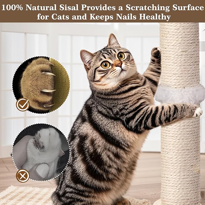Cat Scratching Post, Sisal, Interactive Furniture Toys for Indoor Cats Adults, 2 Mounting Methods Scratcher Tree Tower with Hanging and Ball Track, Activity Center for Kitten, 25 inches