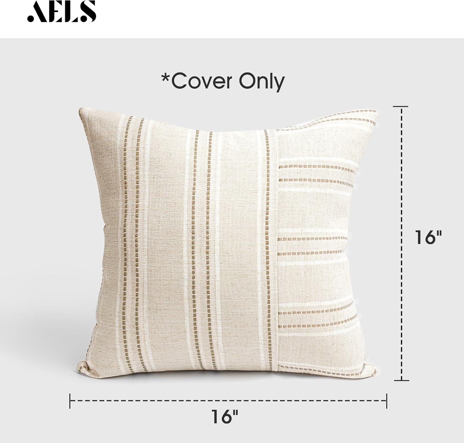 AELS 16x16 Decorative Farmhouse Linen Throw Pillow Covers, Boho Textured Pillow Case, Set of 2, Beige with White & Brown Stripe Patchwork Cushion Cover for Sofa Couch Living Room (Cover ONLY)