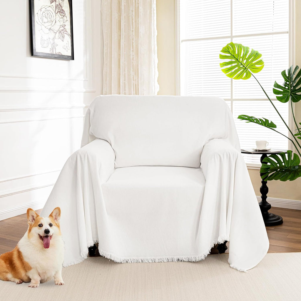 MYSKY HOME Chair Couch Covers - Sectional Couch Covers for Pet, Non Slip Soft Couch Cover, Washable Furniture Protector with Tassel Sofa Throws, Living Room, 71"x91", White